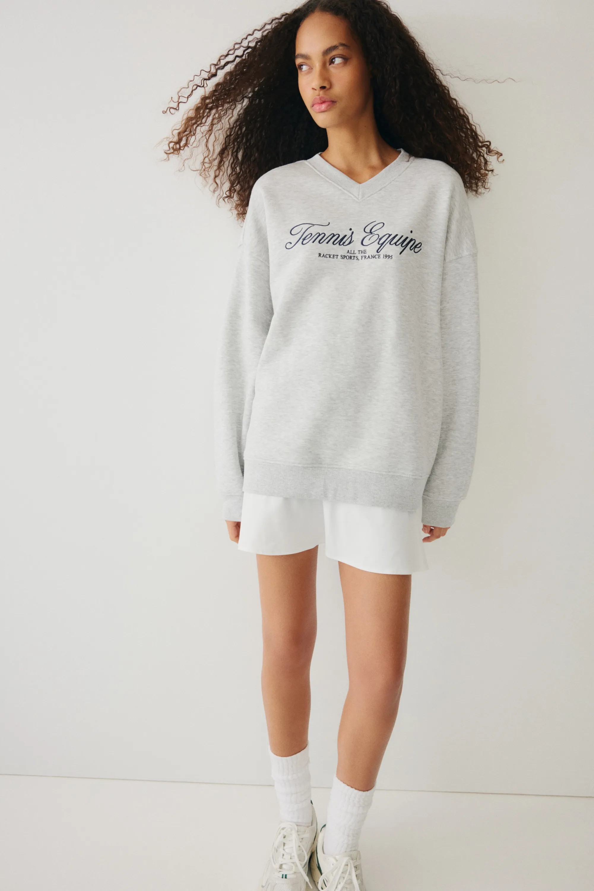 Sweat oversize avec encolure en V - Gris chiné/Tennis Equipe