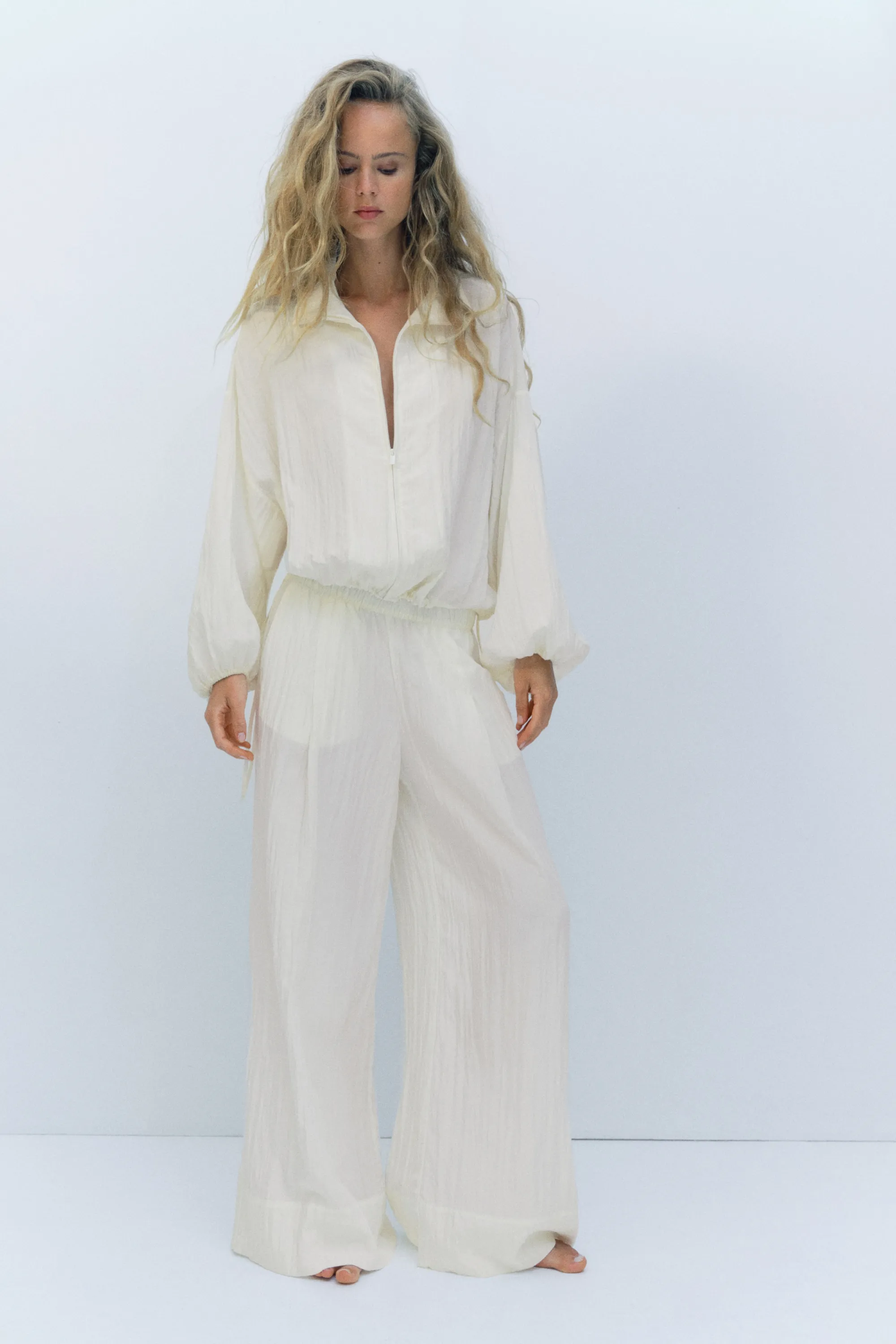 Pantalon froissé avec taille élastique - Crème