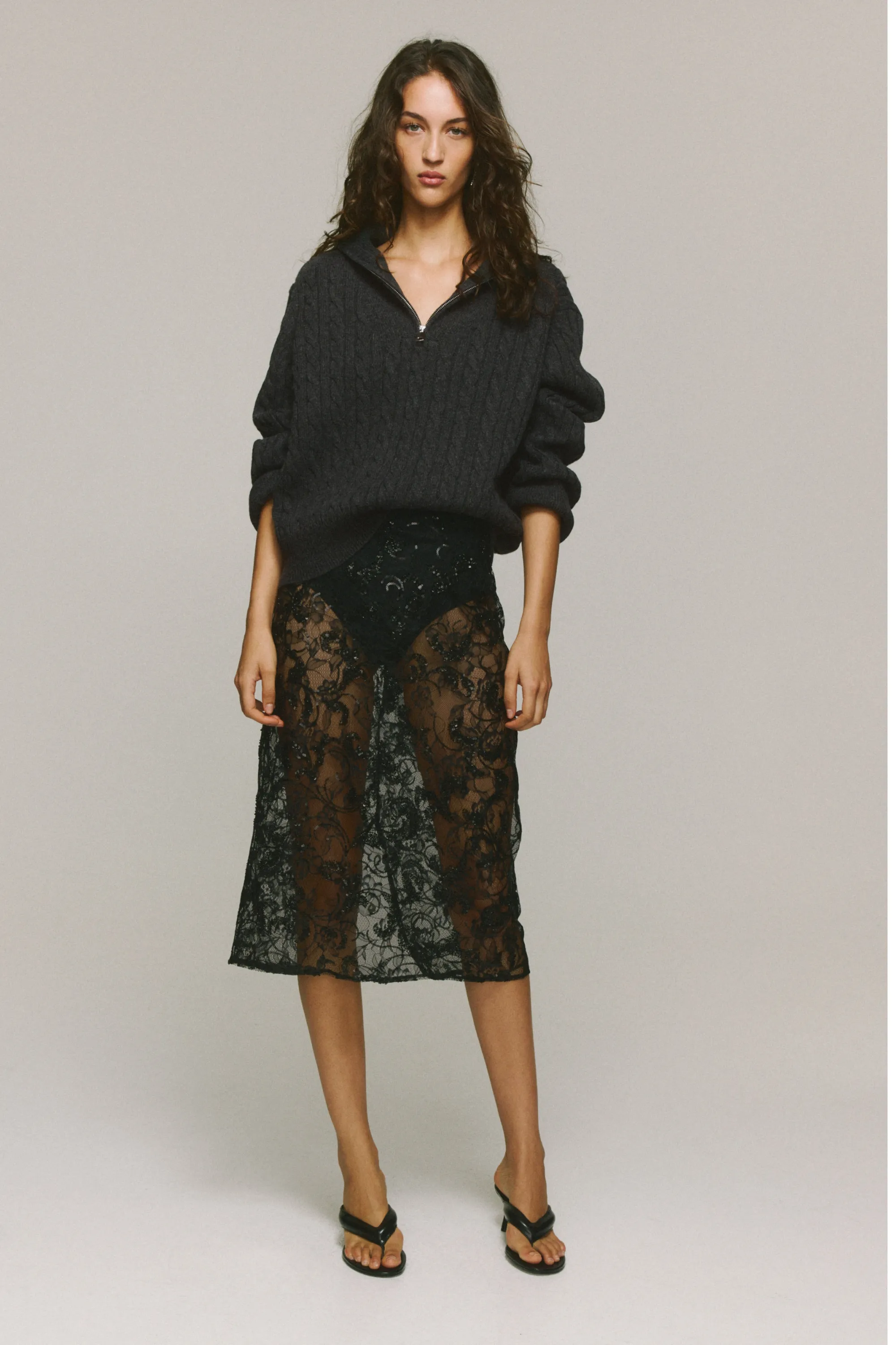 Pull oversize avec col zippé - Gris foncé chiné