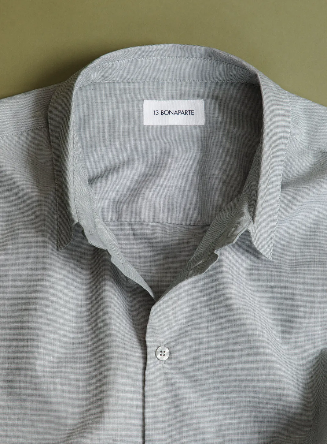 Shirt with Small Collar Stand in Gray-Green End-on-End