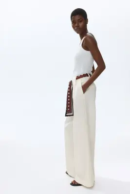 Pantalon en lin mélangé avec détail façon foulard - Crème — photo 2