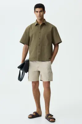 Chemise Relaxed Fit en lin mélangé - Vert kaki foncé — photo 2