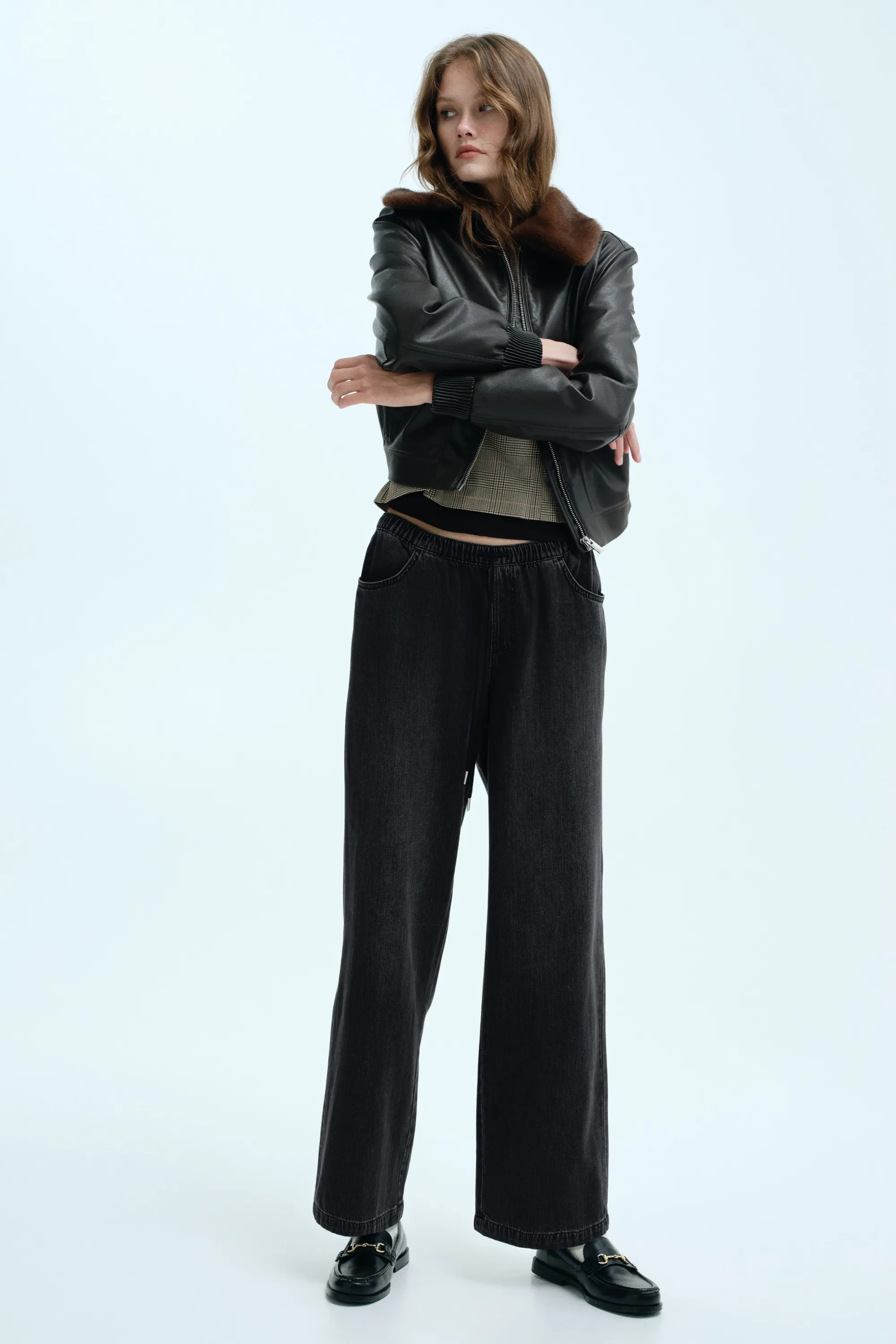 Pantalon en denim avec cordon de serrage - Noir délavé