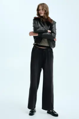 Pantalon en denim avec cordon de serrage - Noir délavé — photo 1