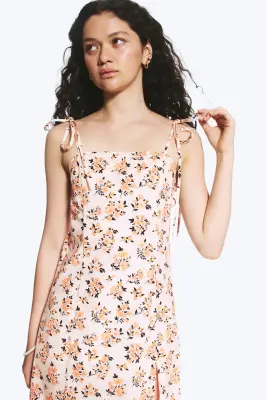 Robe midi col carré fendue - Blanc - Floral rose — photo 1