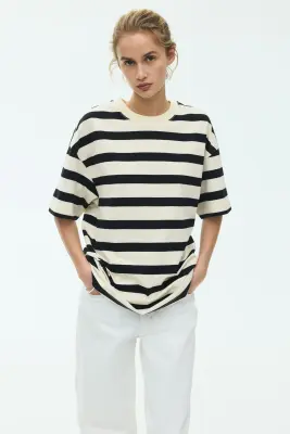 T-shirt oversize - Beige clair/rayé — photo 1