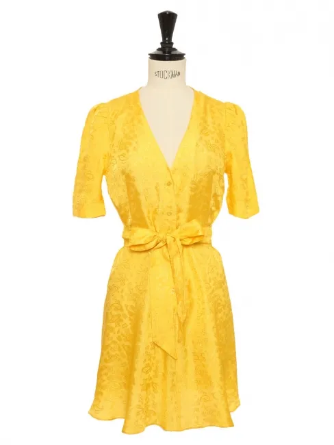 Mini robe ceinturée décolletée V manches courtes en satin jaune soleil Prix boutique 310€ Taille XS