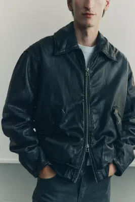 Veste aviateur Loose Fit en cuir - Noir — photo 3