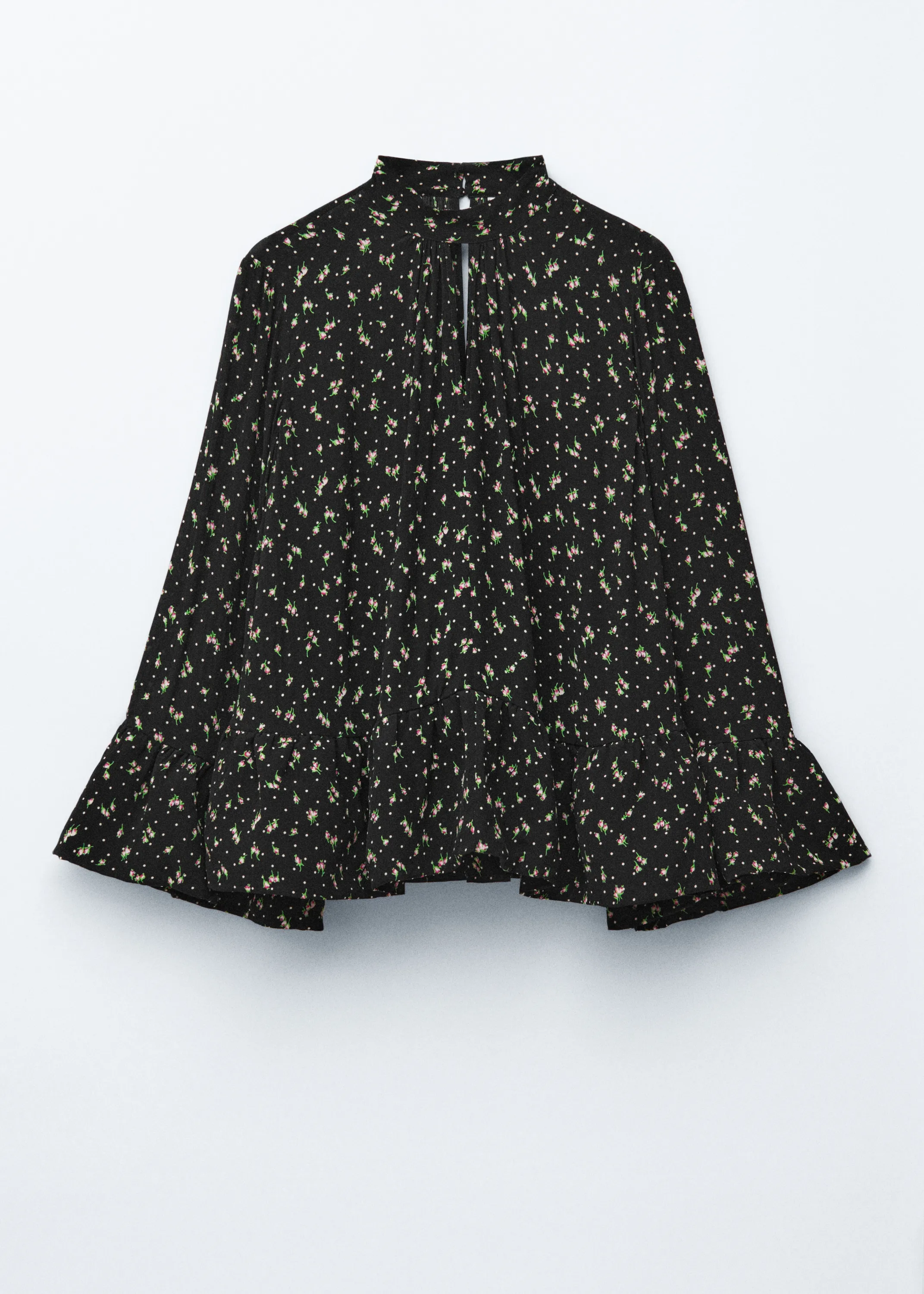 Blouse volantée à col montant - Noir à motif fleuri