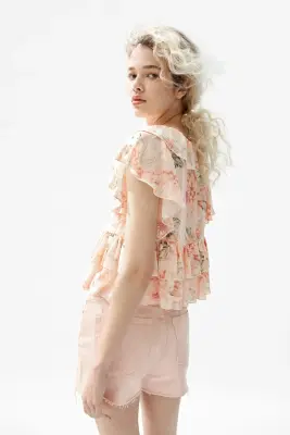 Blouse volantée avec liens à nouer - Rose clair/fleuri — photo 3