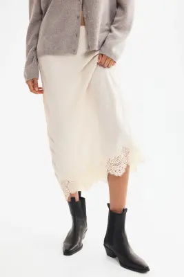 Jupe en viscose avec dentelle - Beige clair — photo 3