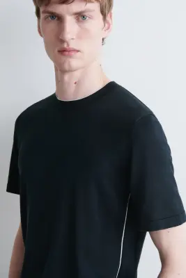 T-SHIRT EN SOIE ET COTON À BORDURE CONTRASTÉE - MARINE / BLANC — photo 3