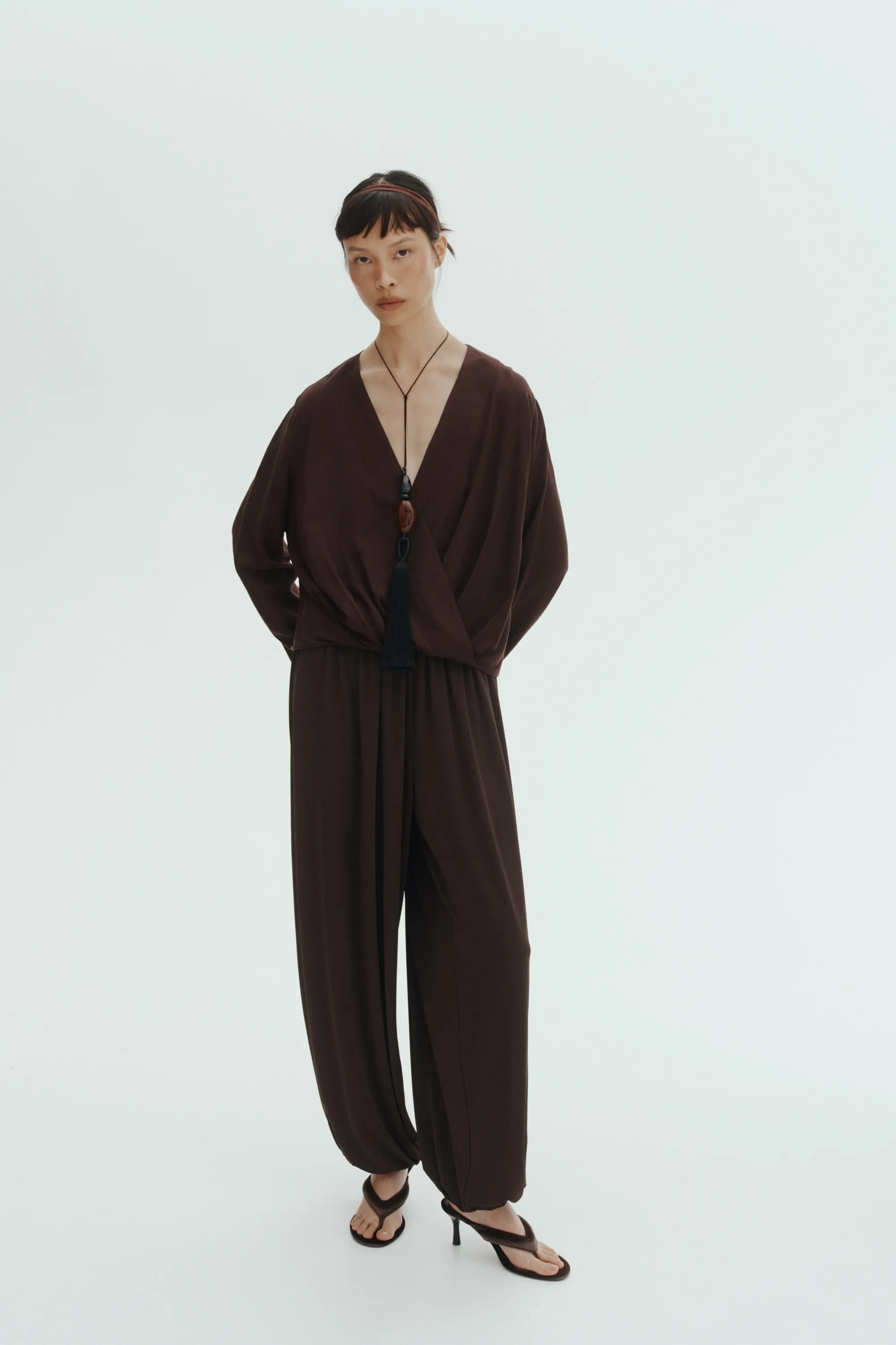 Blouse croisée en lin mélangé - Marron foncé