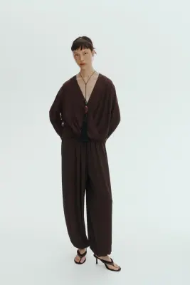 Blouse croisée en lin mélangé - Marron foncé — photo 1