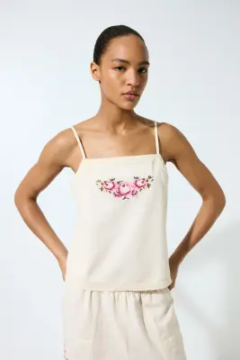 Top de pyjama en lin mélangé - Crème/fleurs — photo 1