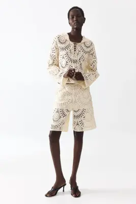 Hoodie façon crochet avec laçage - Crème — photo 2