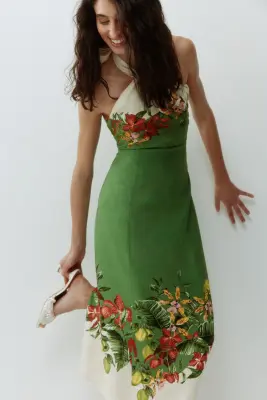 Robe dos nu en lin mélangé - Vert/fleurs — photo 3