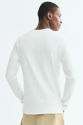 T-shirt Slim Fit à col tunisien en coton côtelé - Blanc — photo 3