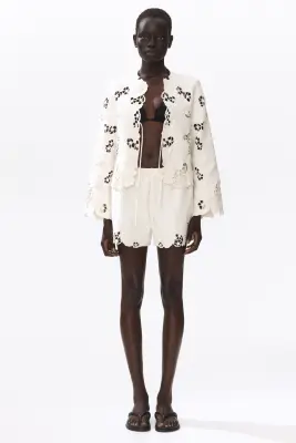 Short en coton avec broderie anglaise - Crème — photo 3