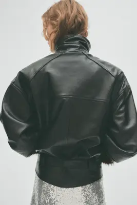 Veste en cuir avec épaulettes - Noir — photo 4