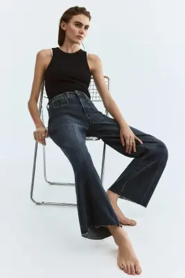 Wide High Waist Ankle Jeans - Bleu denim foncé — photo 2