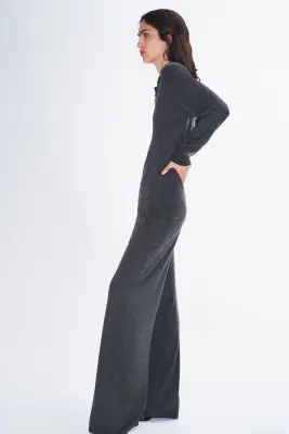 Pantalon en maille fine de laine mérinos - Gris foncé chiné — photo 2