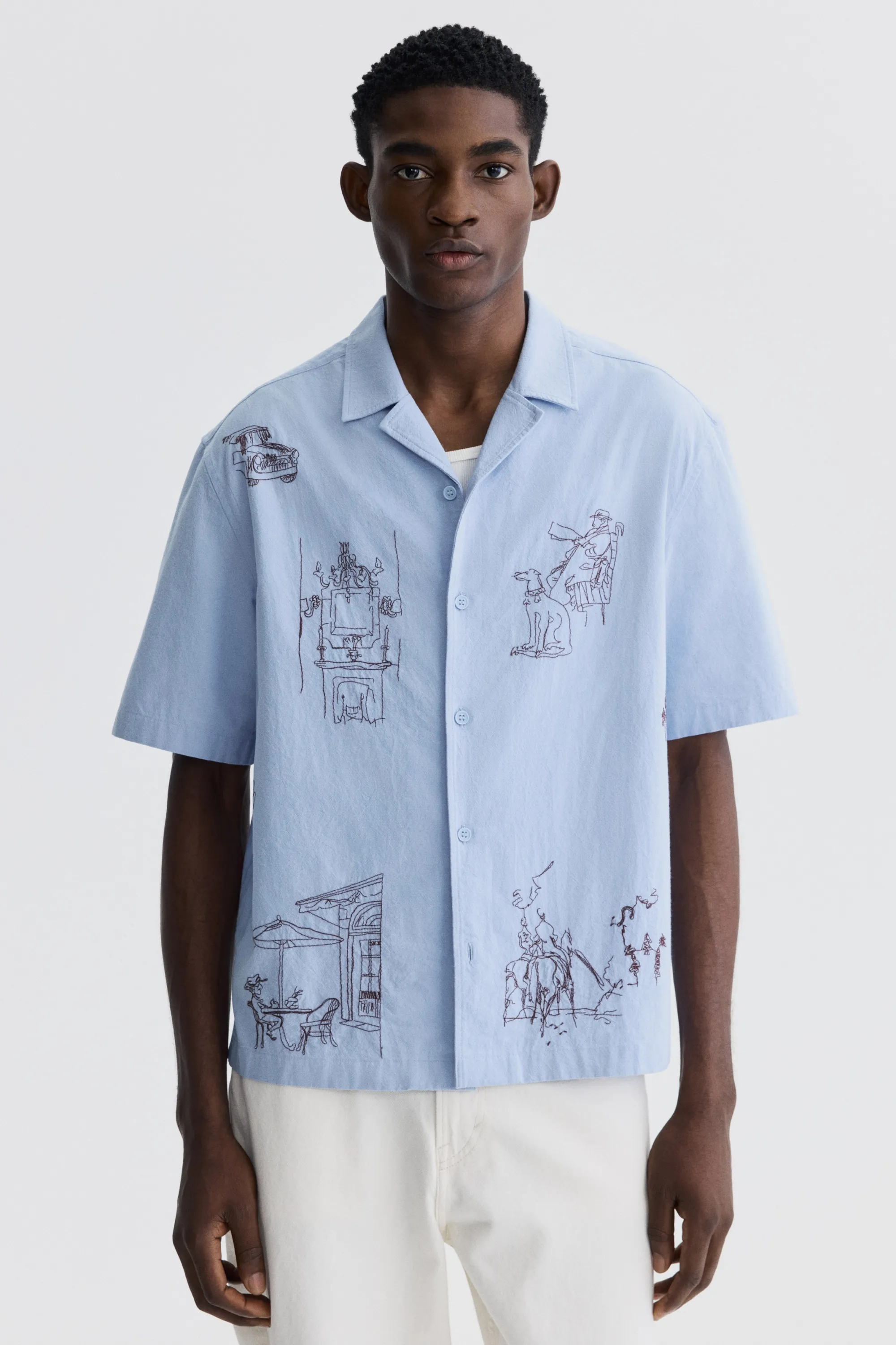 Chemise Relaxed Fit en coton avec col cubain - Bleu clair