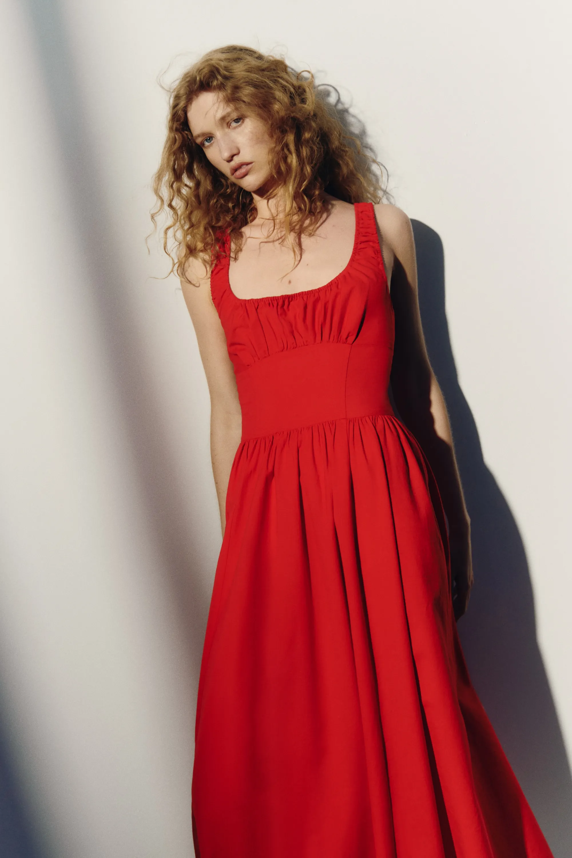 Robe ruchée en lin mélangé - Rouge