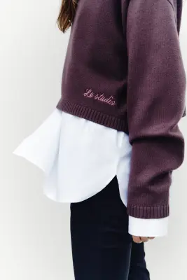 Pull loose en coton mélangé - Rouge prune — photo 4