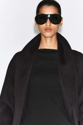 MANTEAU LONG EN LAINE DOUBLE FACE À COL CHÂLE - BRUN FONCÉ — photo 2