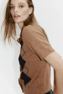 Gilet avec col - Beige foncé/motif argyle — photo 1