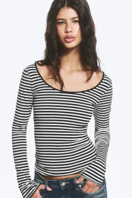 Top Slim Fit à manches longues - Black & White Stripes — photo 2