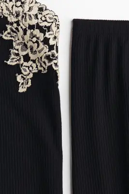 Pyjama en jersey avec dentelle - Noir/crème — photo 5