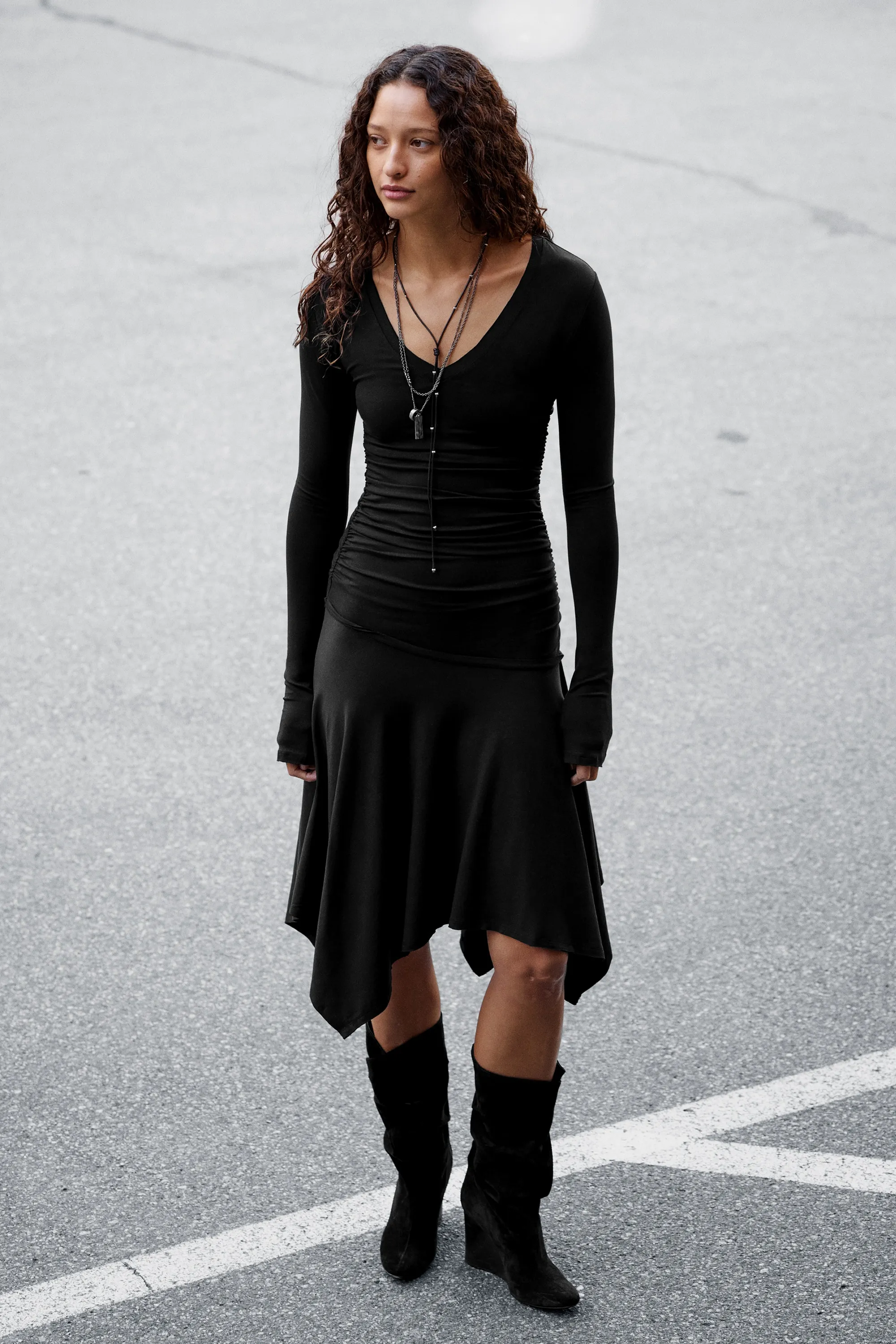 Robe midi drapée à col V - Noir