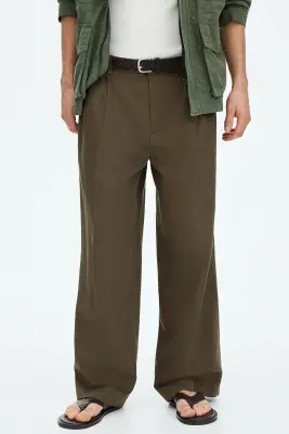 Pantalon large Loose Fit en lin mélangé - Taupe foncé — photo 1