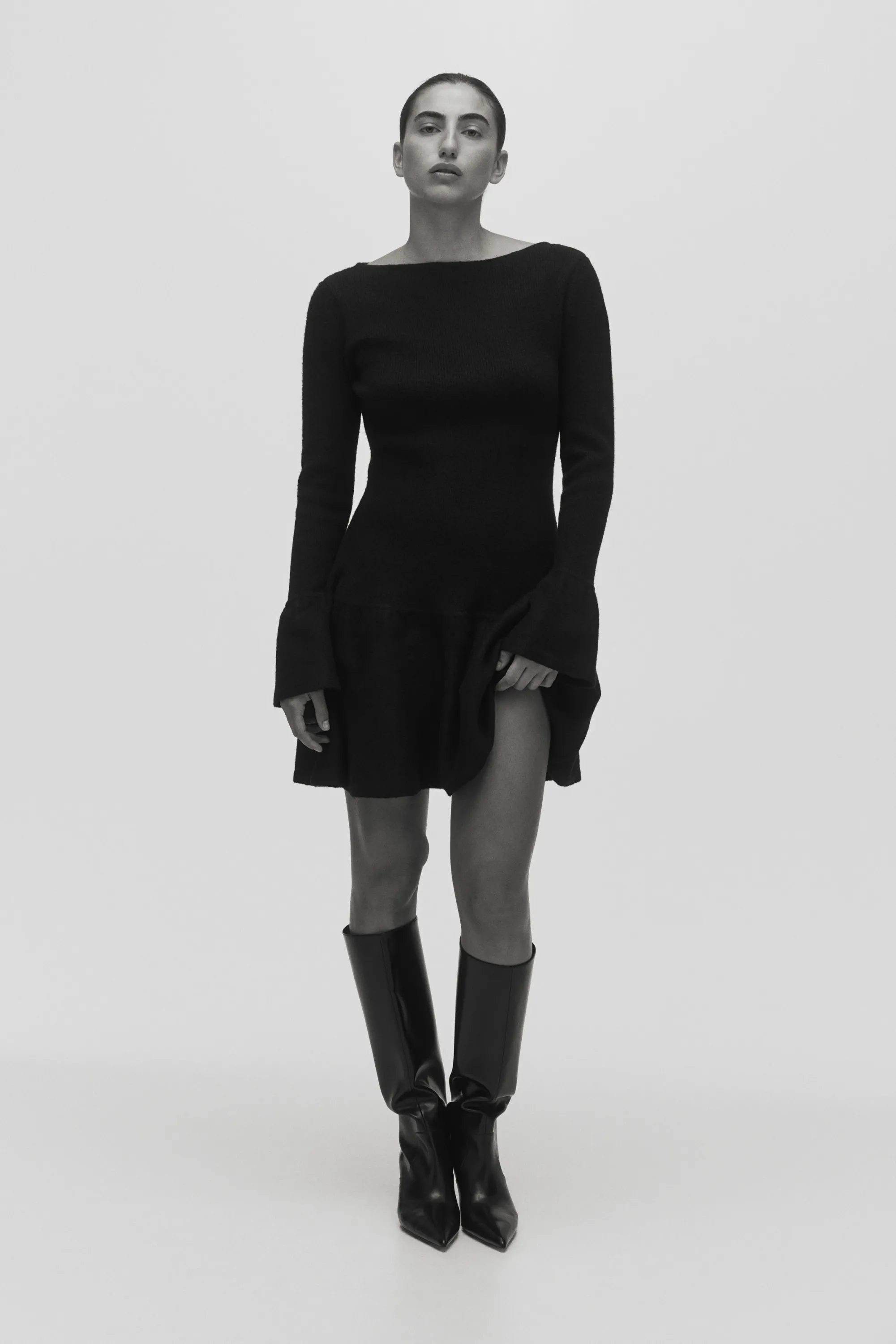 Robe volantée en maille côtelée - Noir