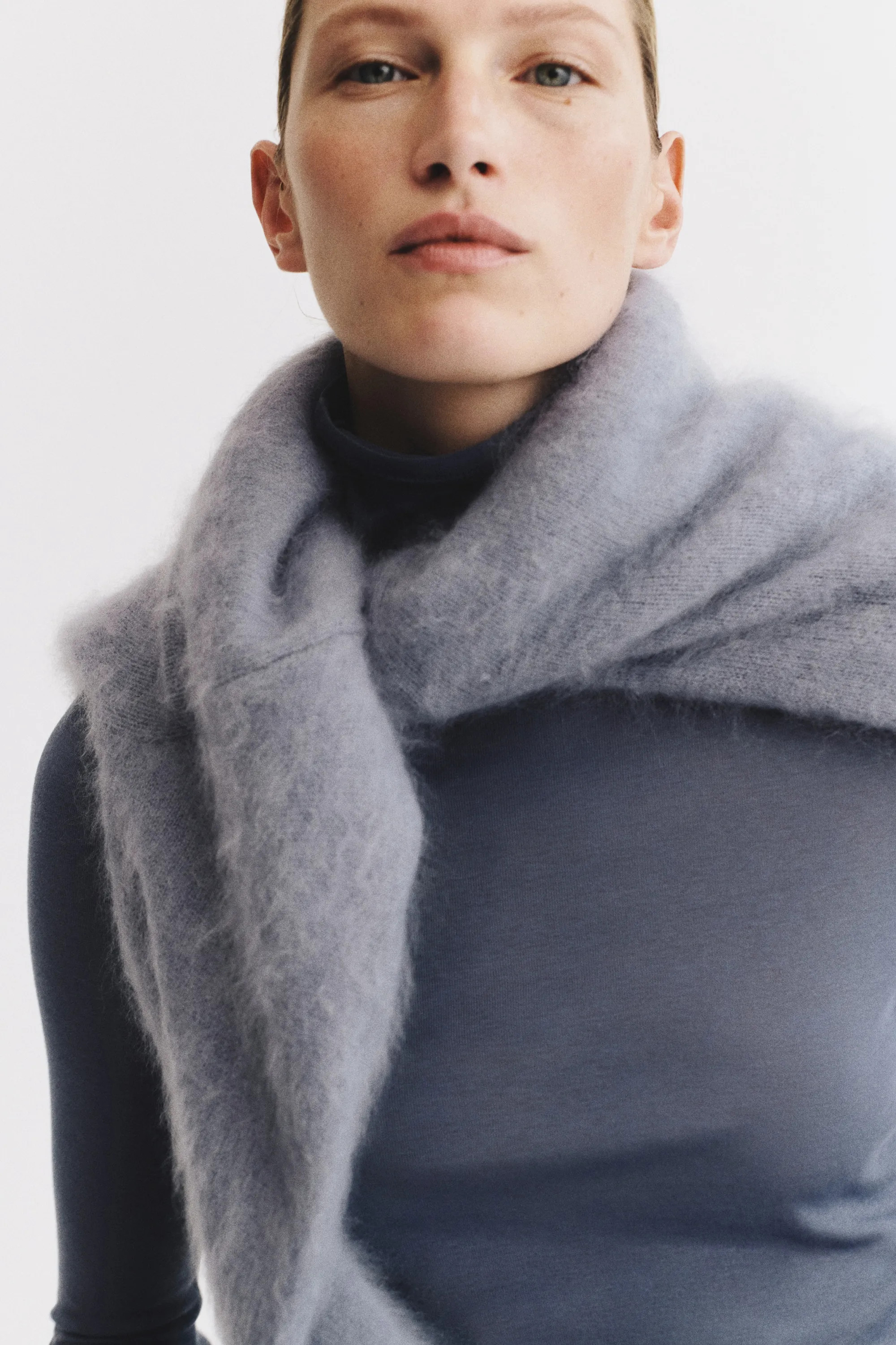 Top en coton pima avec col cheminée - Bleu ancien