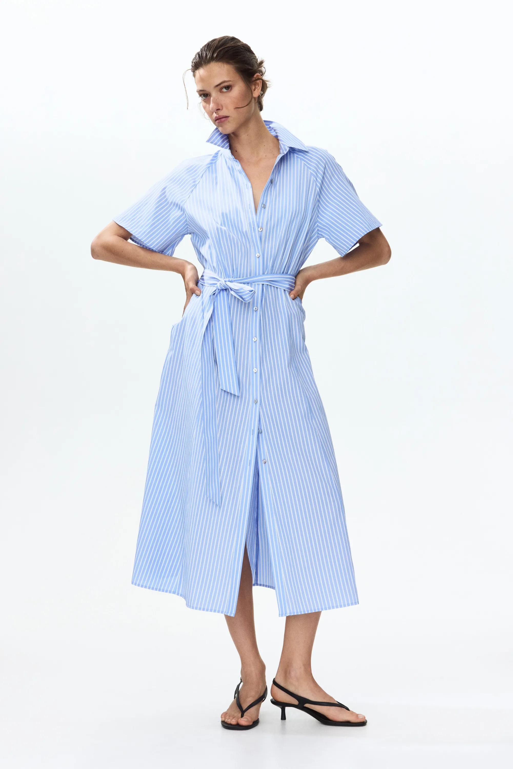 Robe chemise avec ceinture à nouer - Bleu/rayé