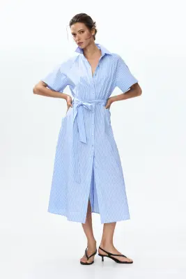 Robe chemise avec ceinture à nouer - Bleu/rayé — photo 1