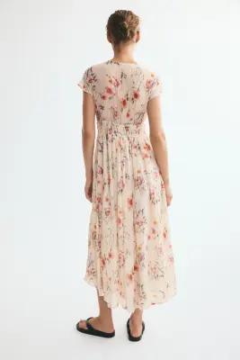Robe froncée à mancherons - Beige clair/fleuri — photo 3