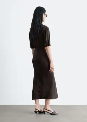 Robe midi à détails plissés - Marron foncé — photo 5