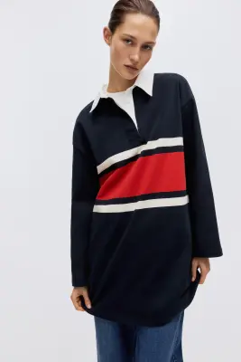 Polo de rugby long - Bleu marine/rayé — photo 1