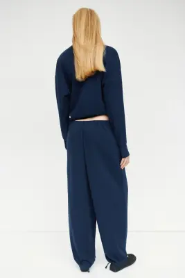 Pantalon barrel en viscose mélangée - Bleu marine — photo 3