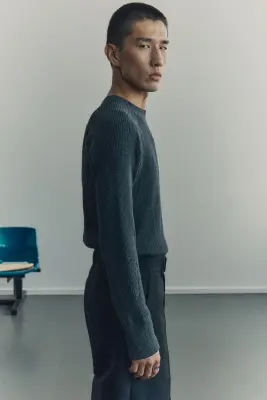 Pull Regular Fit en maille de coton côtelée - Gris foncé — photo 2