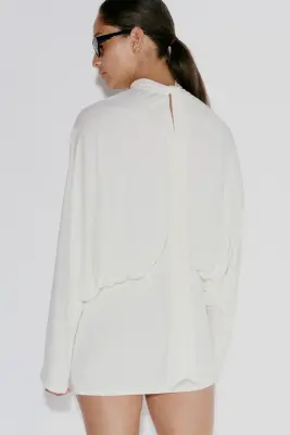 Robe à manches chauve-souris avec détail à nouer - Crème — photo 3