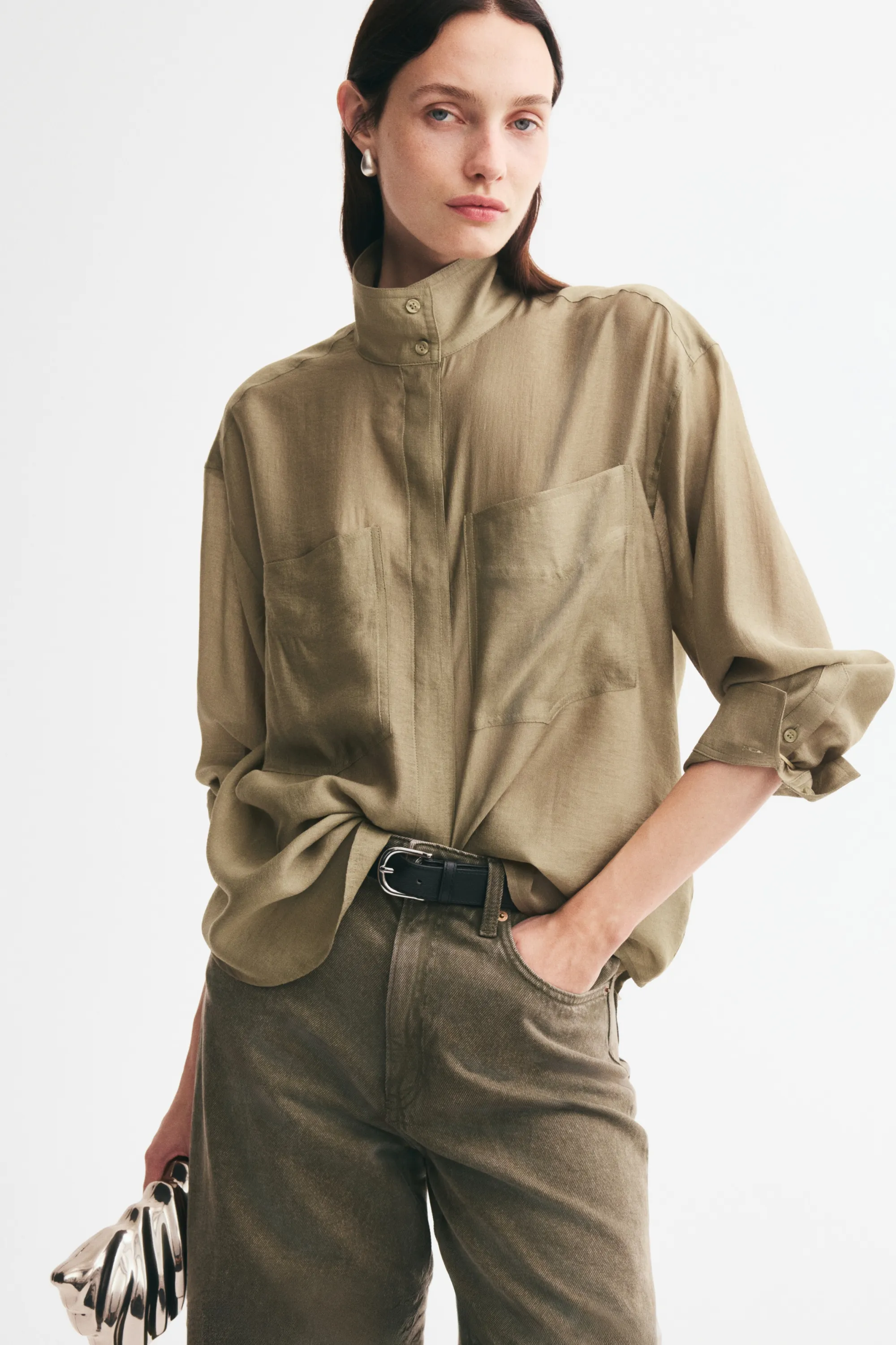 Chemise oversize à col droit - Vert kaki