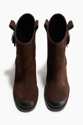 Bottes en cuir velours avec talon bloc - Marron foncé — photo 2