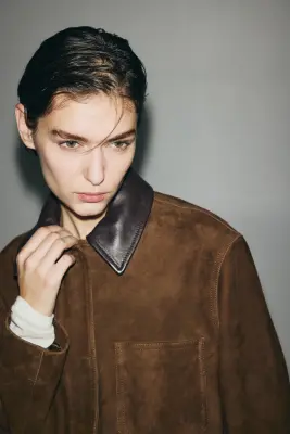 Veste en cuir velours avec col - Marron — photo 2