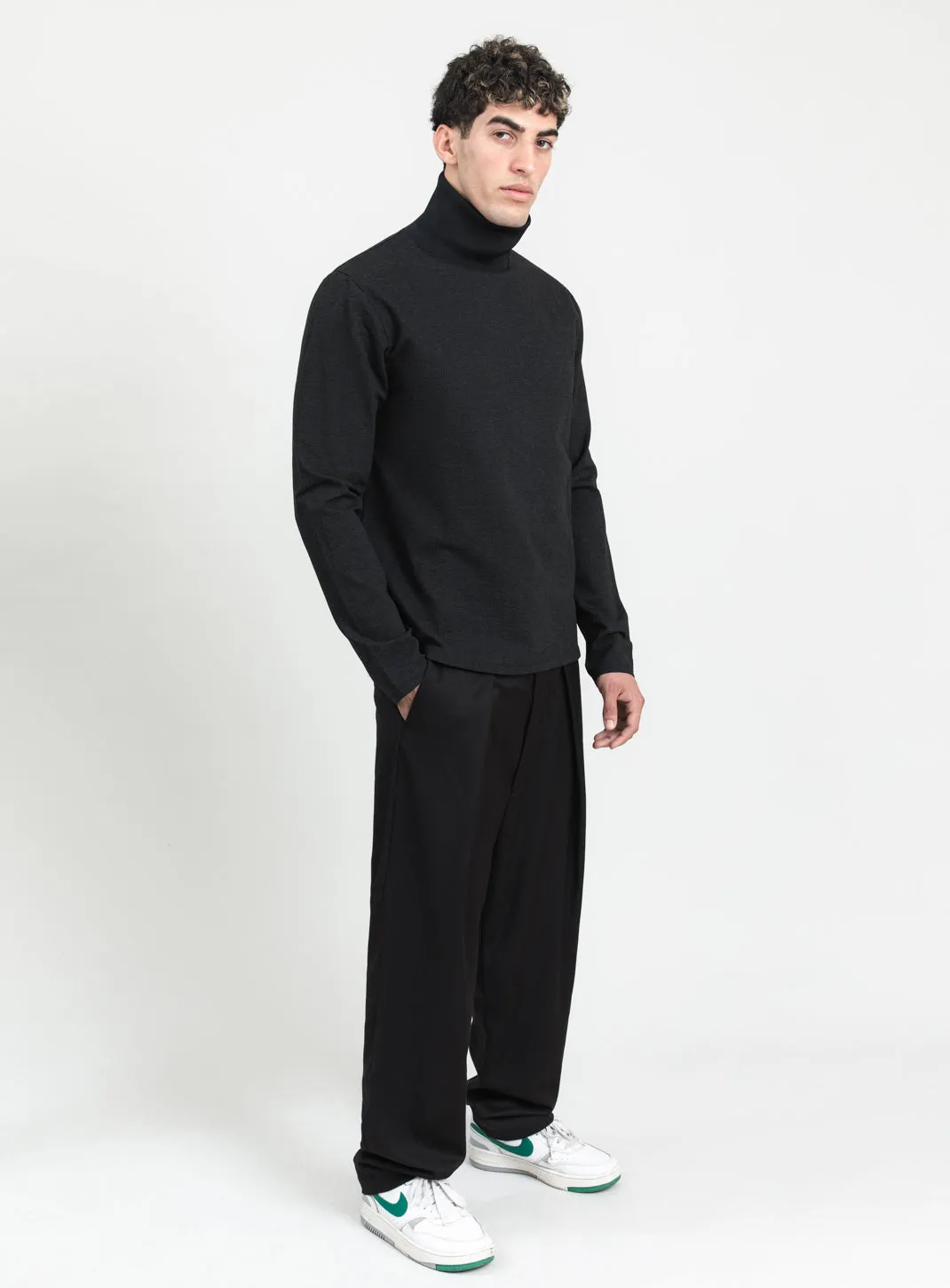 Ribbed High Neck Sweatshirt in Heather Dark Gray Technical Knit
