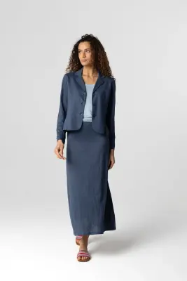 Veste Bleu Foncé Col Veste Manches Longues en Lin / Elasthanne